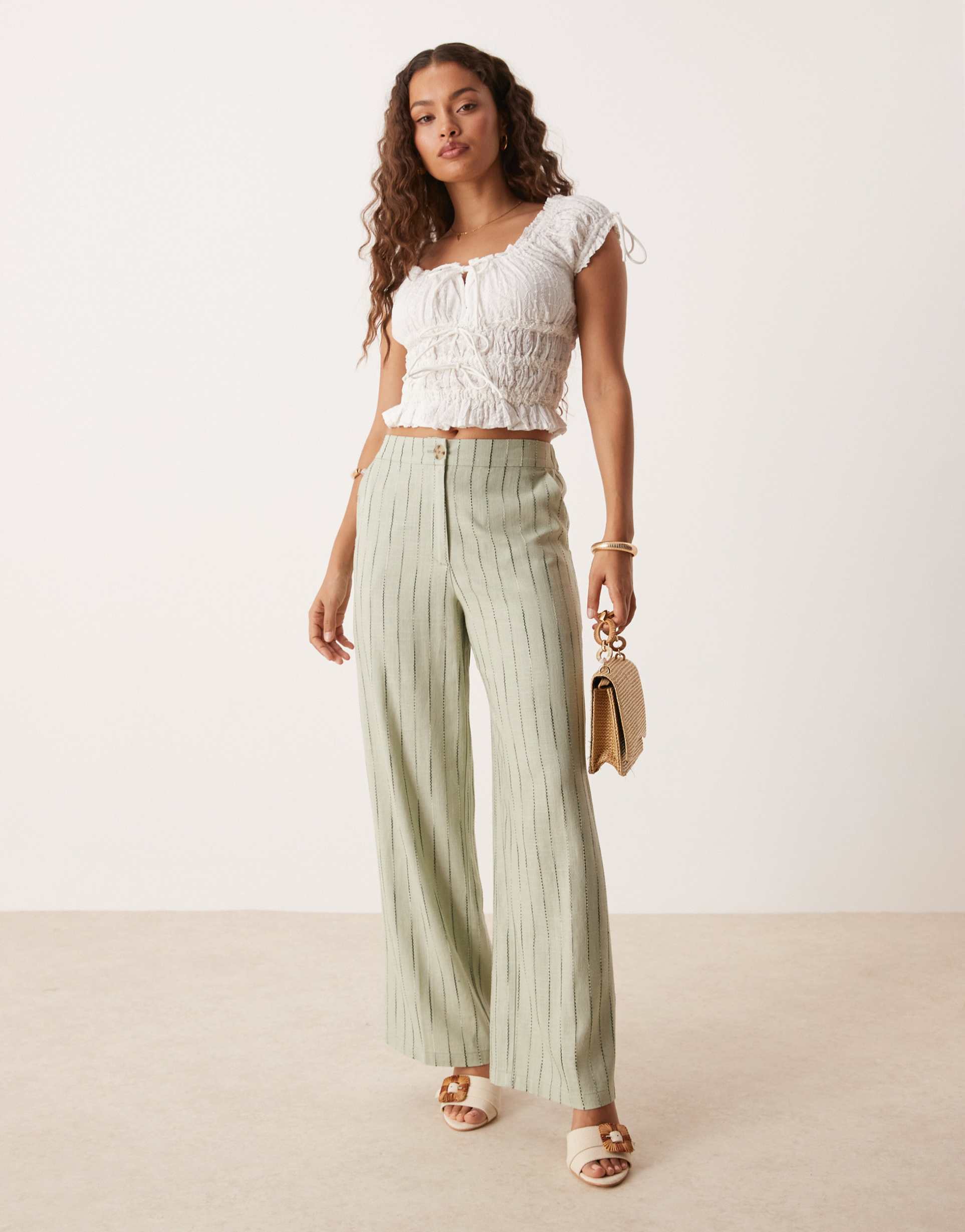 asos design petite relaxed straight leg linen blend pants in sage squiggle stripes