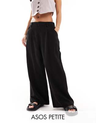 ASOS DESIGN Petite relaxed straight leg linen mix pants in black