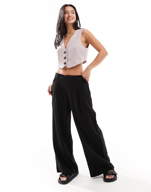 ASOS DESIGN Petite relaxed straight leg linen mix pants in black , 3 of 5