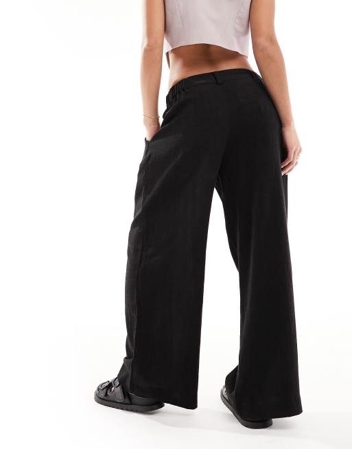 ASOS DESIGN Petite relaxed straight leg linen mix pants in black , 5 of 5