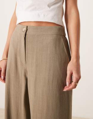 ASOS DESIGN Petite relaxed straight leg linen mix pants in khaki