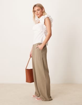 ASOS DESIGN Petite relaxed straight leg linen mix pants in khaki