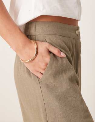 ASOS DESIGN Petite relaxed straight leg linen mix pants in khaki