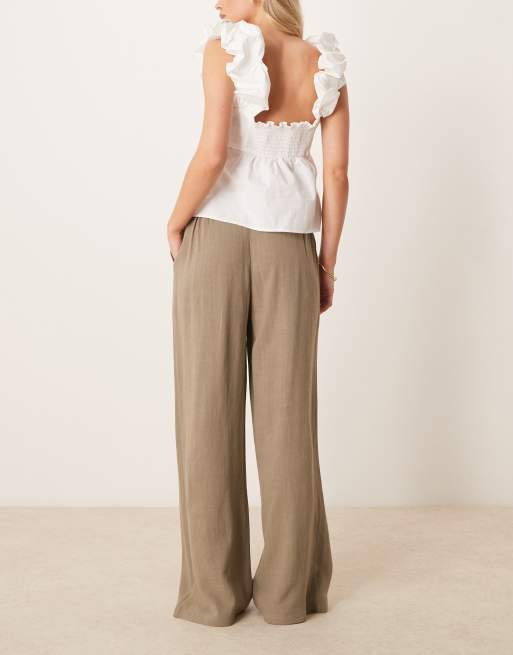 ASOS DESIGN Petite relaxed straight leg linen mix pants in khaki