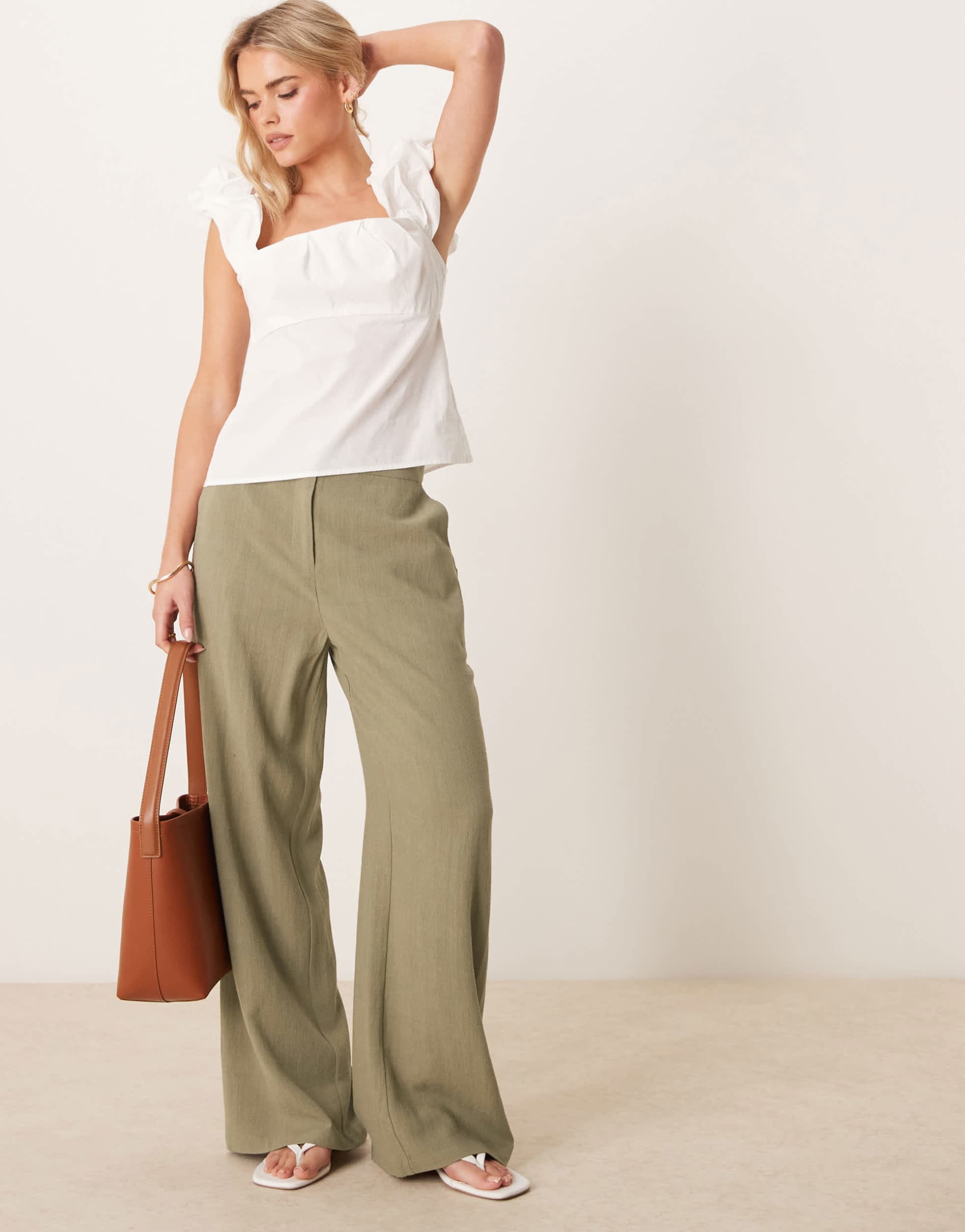 asos design petite relaxed straight leg linen mix pants in khaki