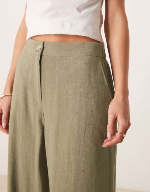 ASOS DESIGN Petite relaxed straight leg pants with linen in khaki, 2 of 5