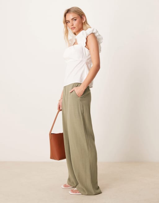 ASOS DESIGN Petite relaxed straight leg pants with linen in khaki, 3 of 5