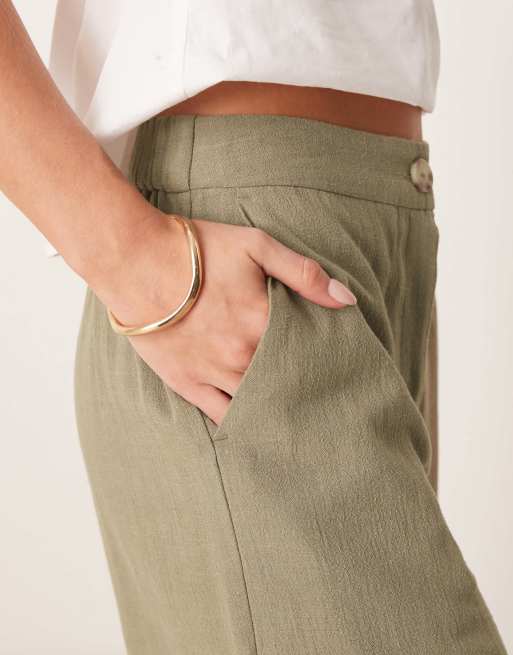 ASOS DESIGN Petite relaxed straight leg pants with linen in khaki, 4 of 5