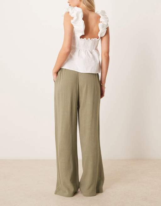 ASOS DESIGN Petite relaxed straight leg pants with linen in khaki, 5 of 5