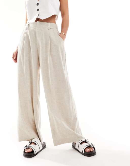 ASOS DESIGN Petite relaxed straight leg pants with linen in natural , 3 of 5