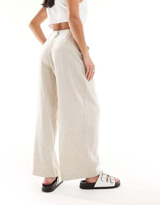 ASOS DESIGN Petite relaxed straight leg pants with linen in natural , 5 of 5