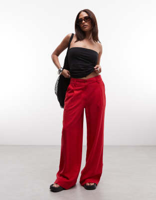 ASOS DESIGN Petite relaxed straight leg pants with linen in red