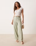 [ASOS DESIGN] ASOS DESIGN Petite relaxed straight leg pants with linen in sage squiggle stripe-Green 14 Sage squiggle