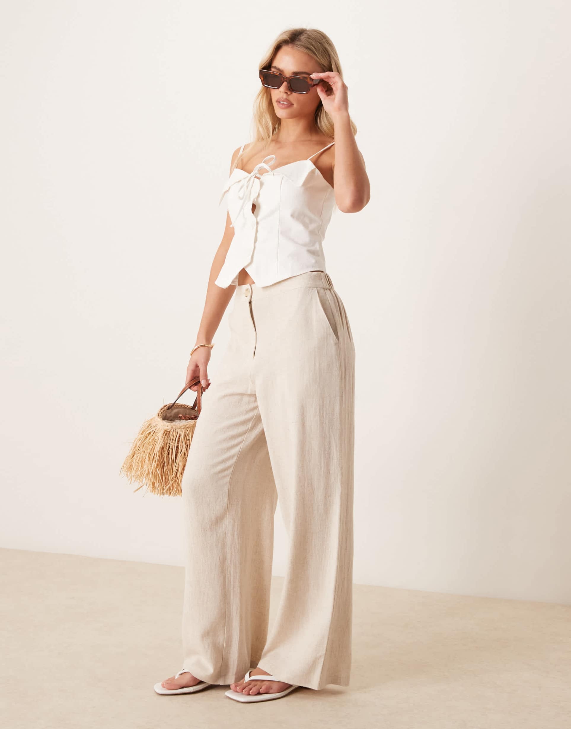 asos design petite relaxed straight leg pants with linen in stone