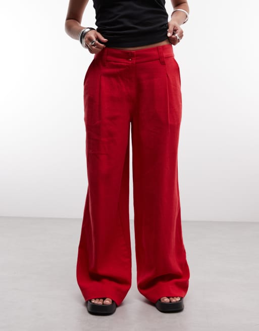 ASOS DESIGN Petite relaxed straight leg trousers with linen in red, 3 of 5