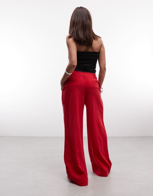 ASOS DESIGN Petite relaxed straight leg trousers with linen in red, 5 of 5