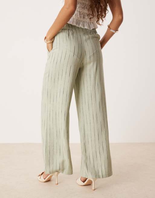 ASOS DESIGN Petite relaxed straight leg trousers with linen in sage squiggle stripe, 2 of 5