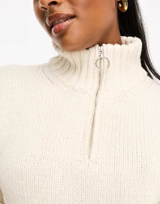 ASOS DESIGN Petite relaxed sweater with zip collar in cream