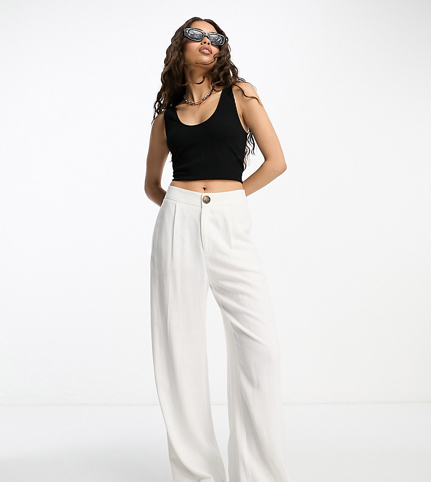 ASOS DESIGN Petite relaxed trousers with linen in ivory-White