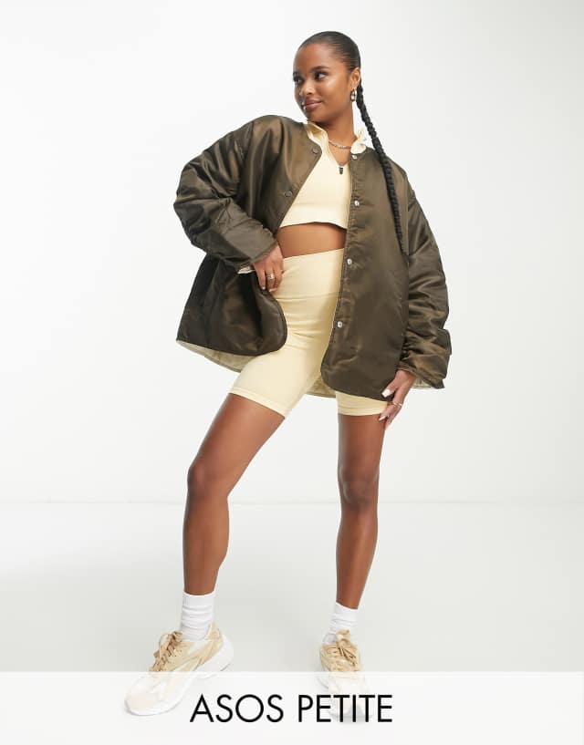 ASOS DESIGN Petite reversible bomber jacket in brown and cream