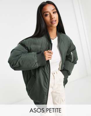 ASOS DESIGN Petite reversible quilted bomber jacket in khaki and cream-Green