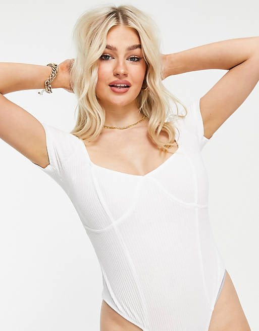 Women Petite rib bodysuit with bust seams and cap sleeve in white 