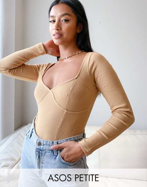 Asos Design Petite Rib Bodysuit With Bust Seams And Long Sleeve In Beige Asos