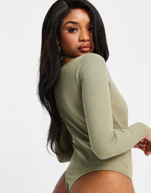 ASOS DESIGN Petite rib bodysuit with bust seams and long sleeve in khaki, 2 of 4