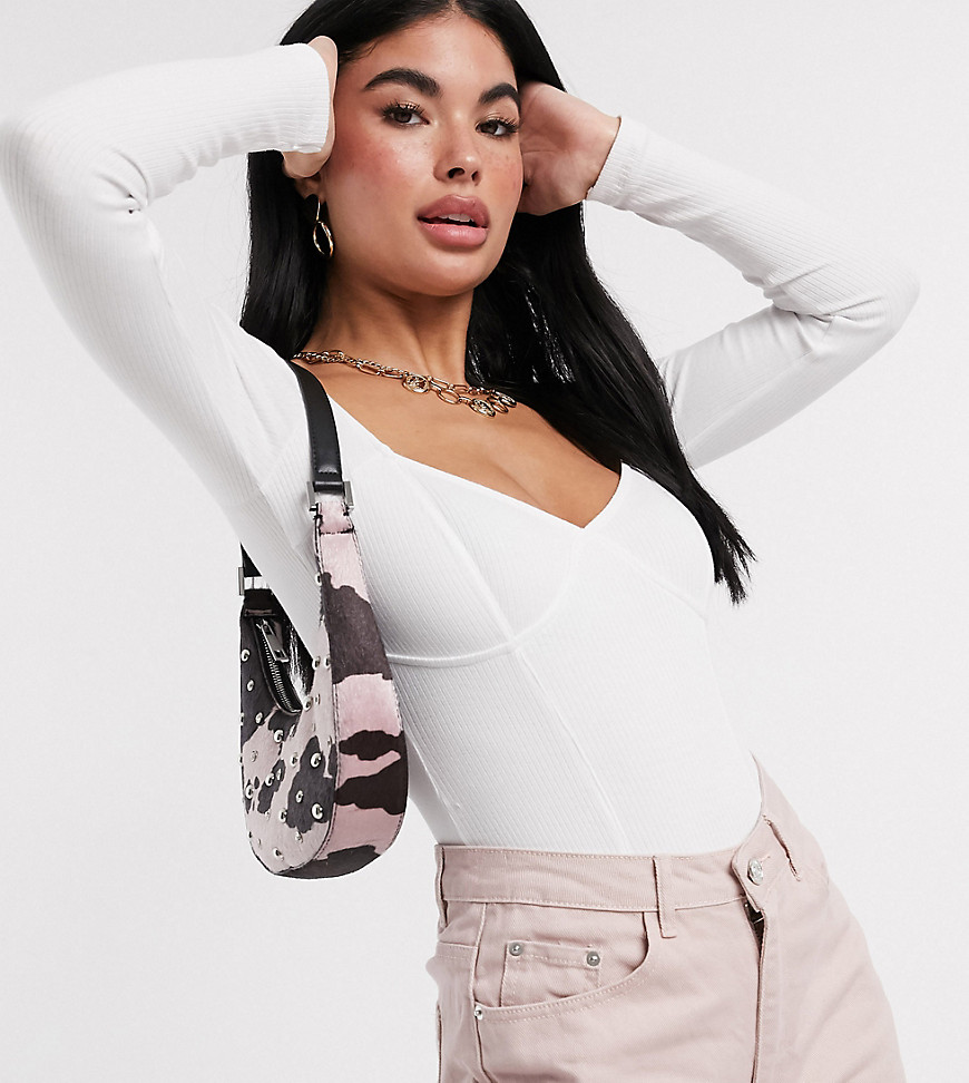 ASOS DESIGN Petite rib bodysuit with bust seams and long sleeve in white