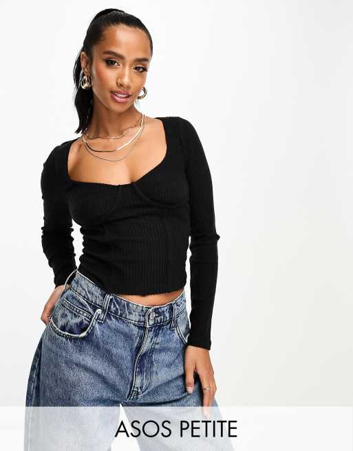 Black Rib Corset Detail Crop Top, Tops