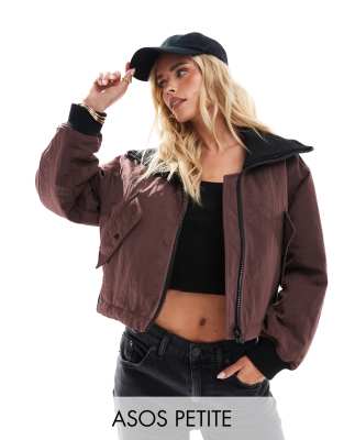 ASOS Petite ASOS DESIGN Petite rib collar casual jacket in chocolate-Black