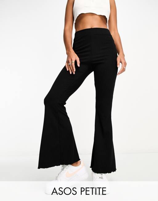 ASOS DESIGN Petite rib flare trouser with lettuce hem in black