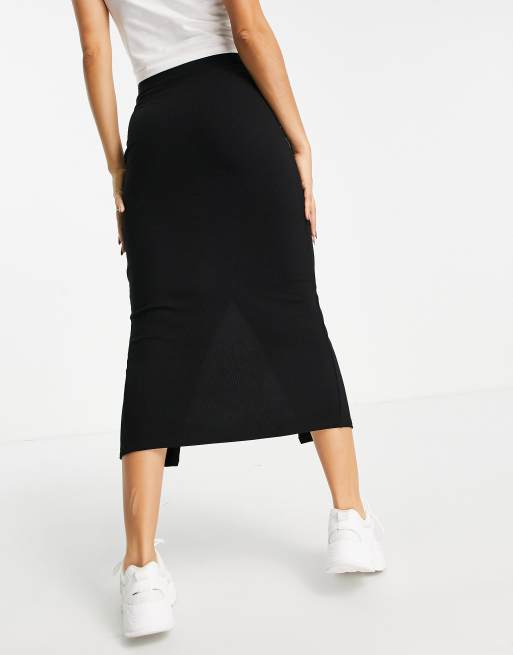 ASOS DESIGN Petite rib midi skirt with horn buttons in black ASOS