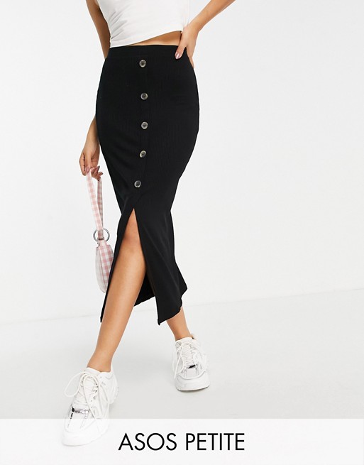 ASOS DESIGN Petite rib midi skirt with horn buttons in black