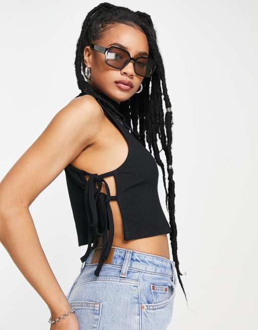 ASOS DESIGN Petite halter neck crop top in black