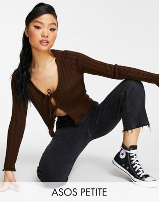 ASOS DESIGN Petite ribbed cardigan with tie front detail in brown - ASOS Price Checker