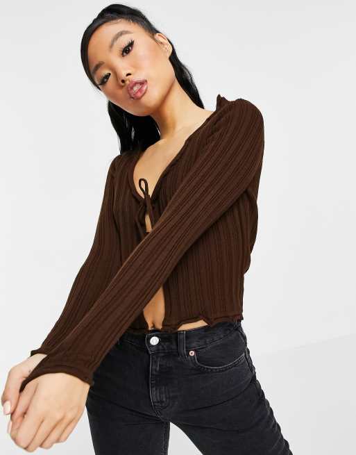 ASOS DESIGN Petite ribbed cardigan with tie front detail in brown