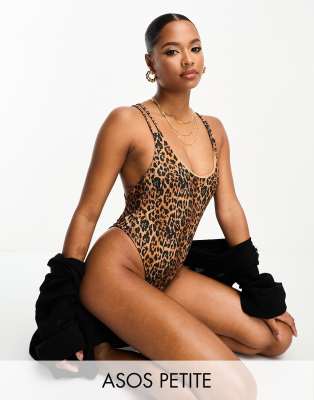 Asos Petite Asos Design Petite Ribbed Lattice Strap Swimsuit With High Leg In Leopard Print-multi