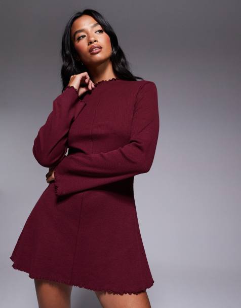 ASOS DESIGN Petite ribbed long sleeve lettuce hem mini dress in burgundy - view 1