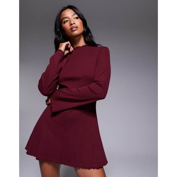 ASOS DESIGN Petite ribbed long sleeve lettuce hem mini dress in burgundy |  ASOS