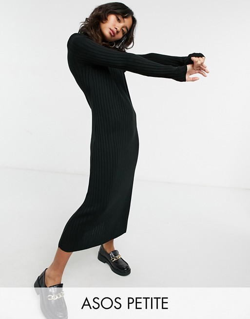 ASOS DESIGN Petite ribbed maxi dress with shoulder pads and relaxed hem in black