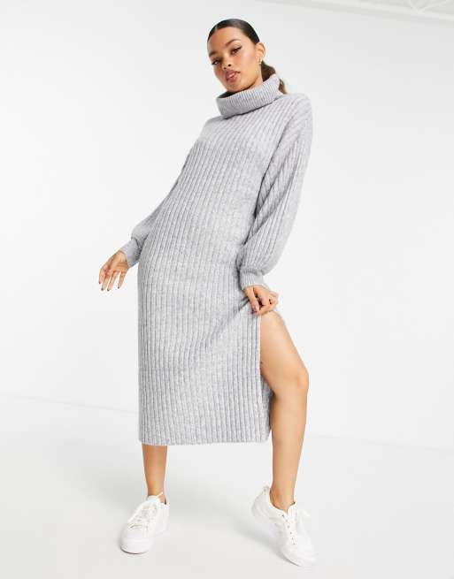 ASOS DESIGN Petite ribbed midi dress with cowl neck in grey ASOS