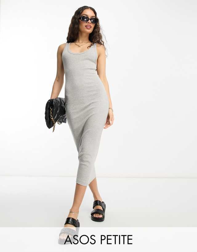 ASOS DESIGN Petite ribbed scoop neck tank top midi dress in gray heather