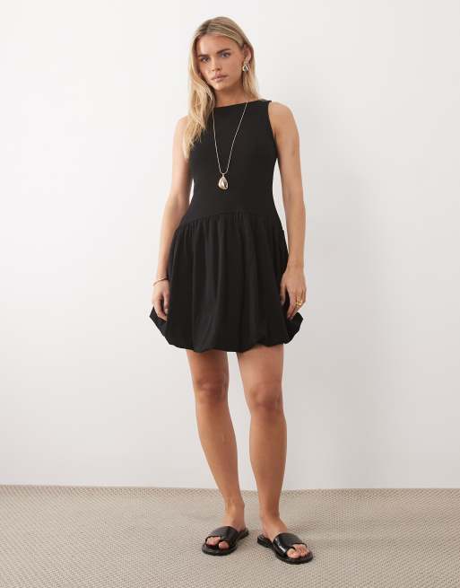 ASOS DESIGN Petite ribbed sleeveless bubble hem mini dress in black, 2 of 4