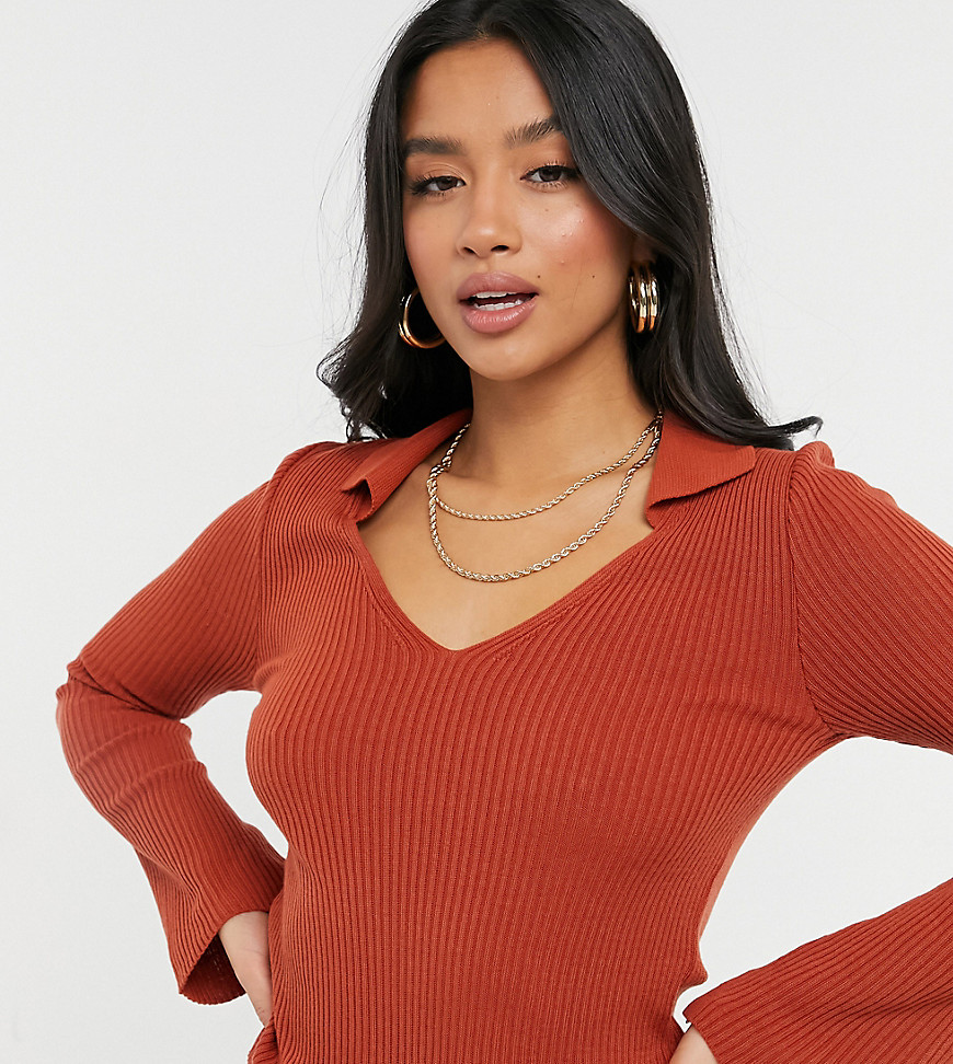 ASOS DESIGN Petite ribbed sweater with open collar detail in rust-Red