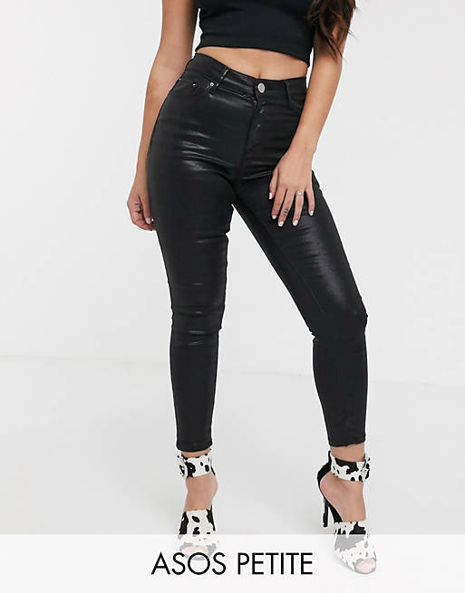 ASOS DESIGN Petite – Ridley – Beschichtete schwarze Skinny-Jeans mit hohem Bund
