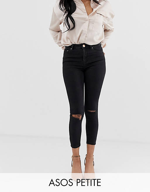  Petite Ridley high waisted skinny jeans in clean black with ripped knees 