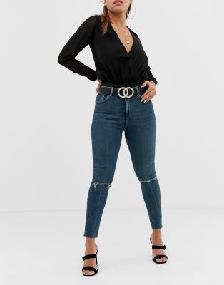 high waisted knee cut jeans