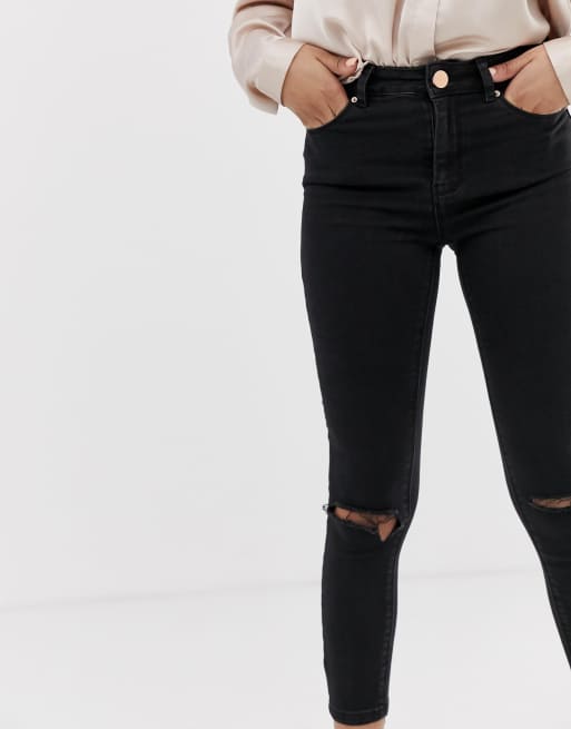ASOS DESIGN Petite - Ridley - Jean skinny taille haute avec genoux déchirés - Noir pur, 3 de 4