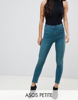 ASOS DESIGN Petite - Ridley - Skinny jeans met hoge taille en midgroen blauwe wassing